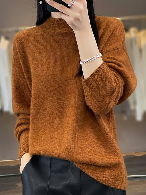 Women Autumn Half-Turtleneck Knit 100%Wool Sweater