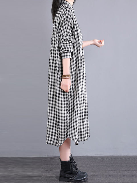 Plus Size Women Casual Plaid Pocket Loose Linen Cardigan Dress