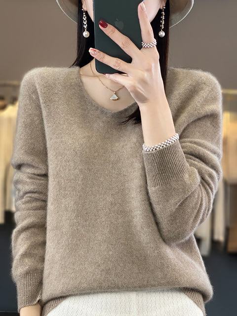 Women Autumn Pure Color V-Neck Knit Sweater