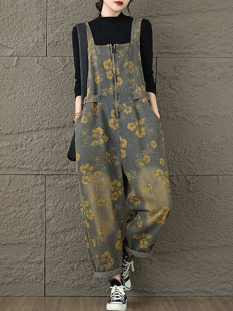 Women Autumn Retro Flower Zipper Denim Jumpsuits