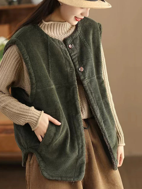 Women Casual Winter Solid Corduroy Plush Cotton Vest Coat