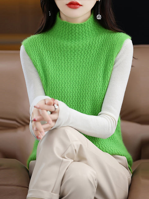 Women Casual Wool Half Turtleneck Soft Spiral Knit Vest