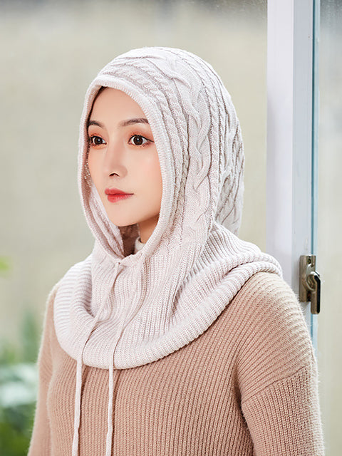 Women Winter Solid Knit Warm Wool Scarf Hat