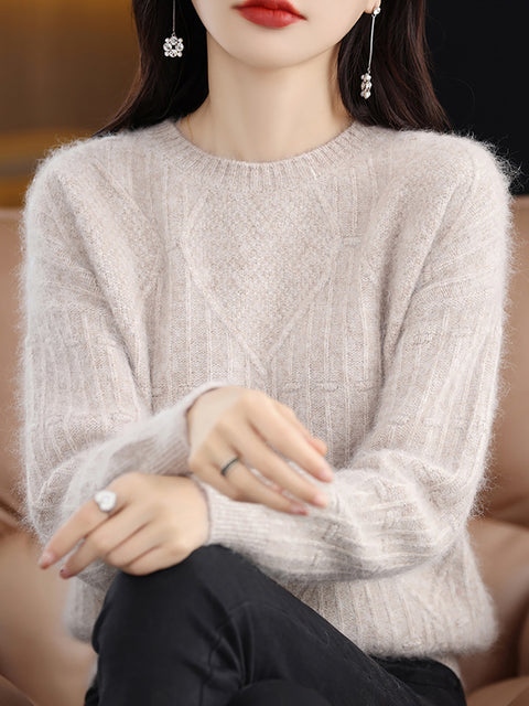 Women Autumn O-Neck Rhomboid 100%Wool Soft Sweater