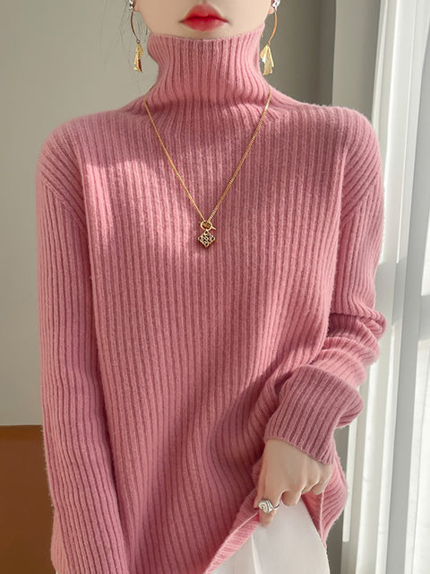 Women Autumn Casual Solid Turtleneck Wool Knit Sweater