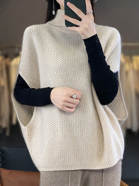 Women Autumn Solid Turtleneck 100%Wool Knit Loose Vest