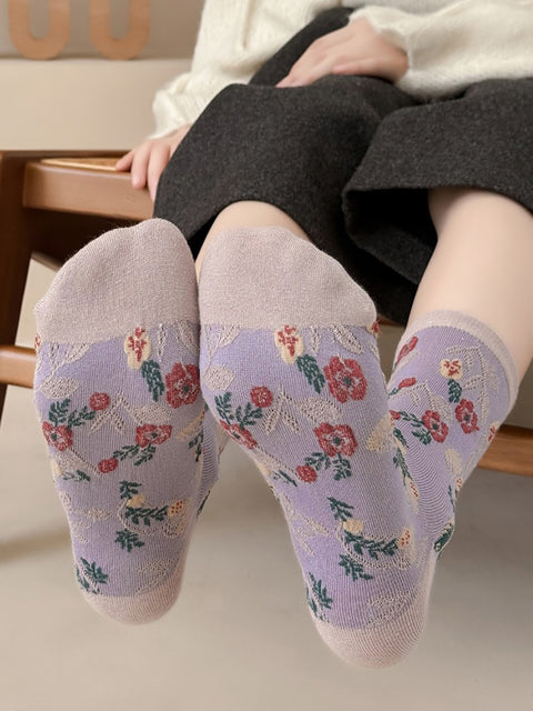 5 Pairs Women Artsy Floral Colorblock Jacquard Socks