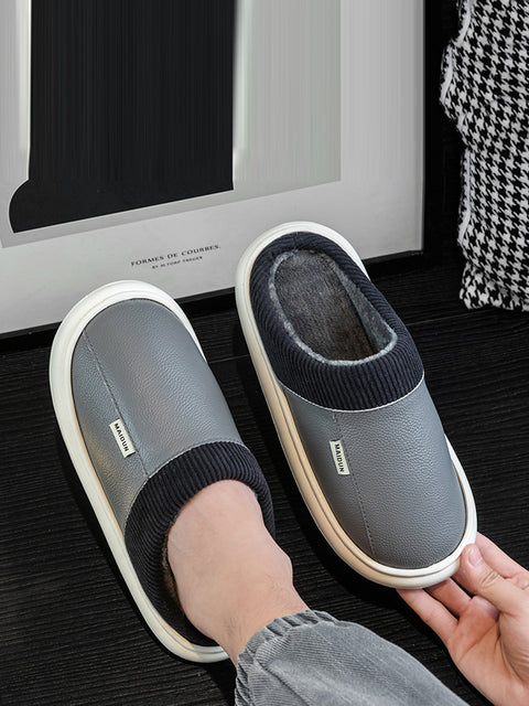 Couple Winter Fleece-lined Leather Slippers