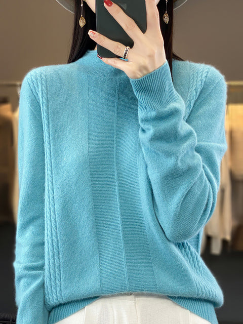 Women Autumn Half-Turtleneck Knit 100%Wool Sweater