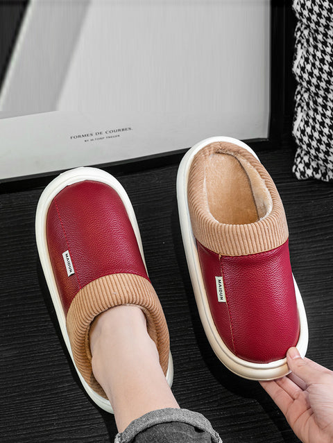 Couple Winter Fleece-lined Leather Slippers