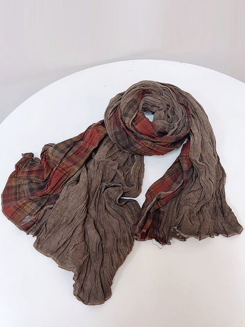 Women Vintage Plaid Spliced Cotton Scarf