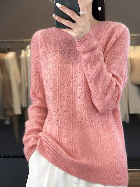 Women Autumn O-Neck Wool Hollow Out Knit Sweater