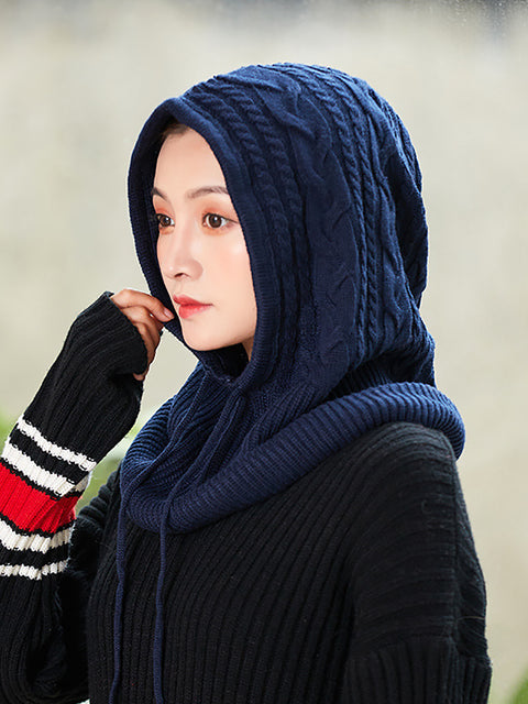 Women Winter Solid Knit Warm Wool Scarf Hat