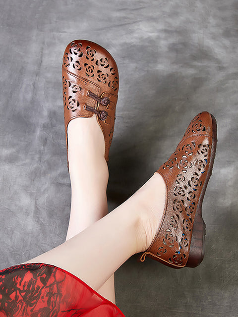 Women Vintage Leather Hollow Out Low Heel Shoes