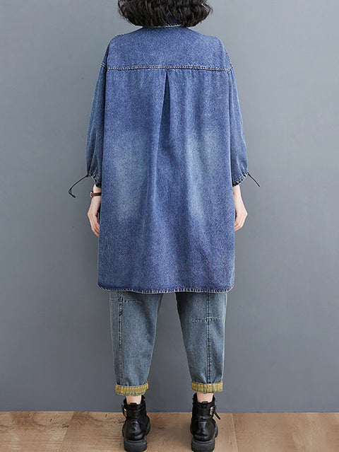 Women Casual Spring Solid Stitching Denim Long Shirt