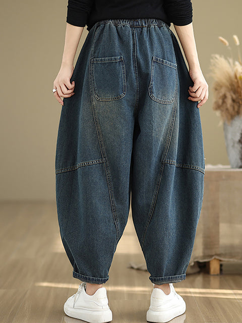 Women Autumn Vintage Denim Spliced Harem Pants