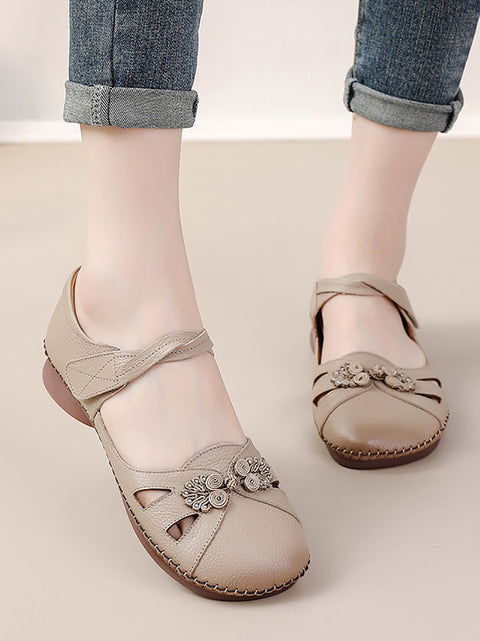 Women Summer Ethnic Solid Leather Spliced Low Heel Shoes