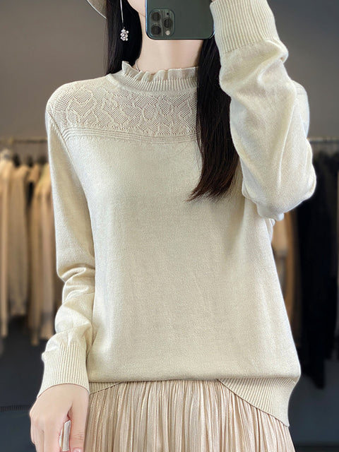 Women Autumn Lacework Neck 100%Wool Loose Sweater