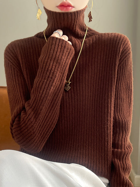 Women Autumn Casual Solid Turtleneck Wool Knit Sweater