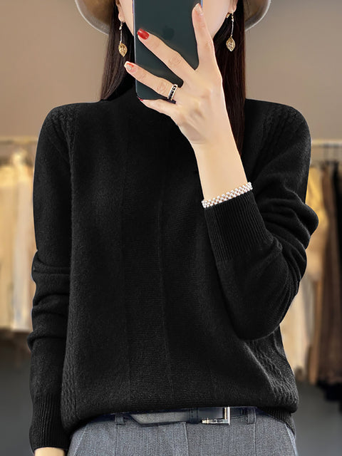 Women Autumn Half-Turtleneck Knit 100%Wool Sweater