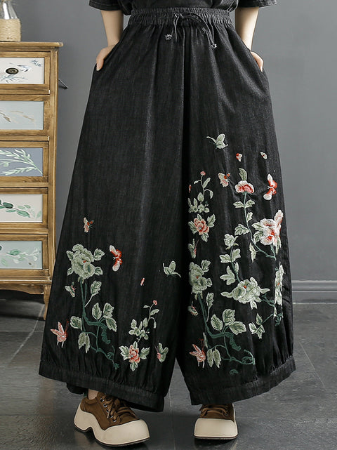 Women Spring Flower Embroidery Denim Wide-leg Pants