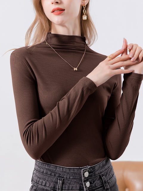 Women Spring Pure Color Half-Turtleneck Blouse