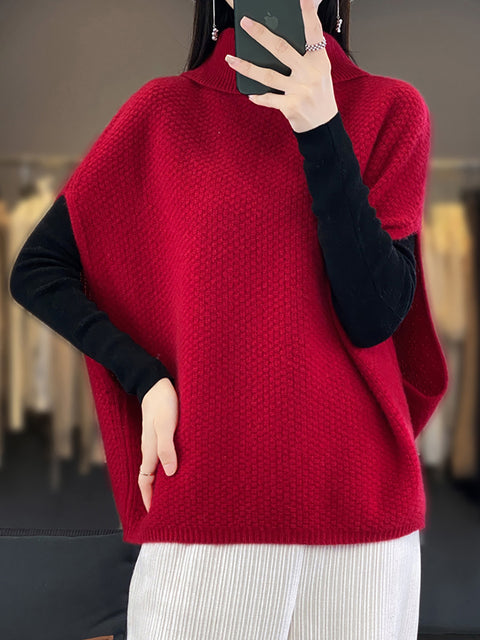 Women Autumn Solid Turtleneck 100%Wool Knit Loose Vest