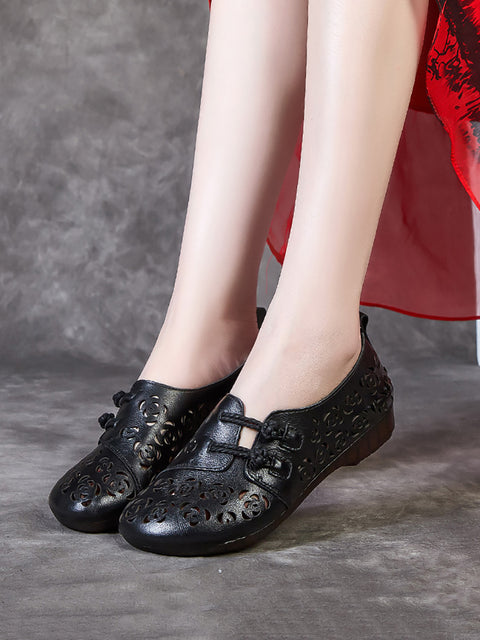 Women Vintage Leather Hollow Out Low Heel Shoes