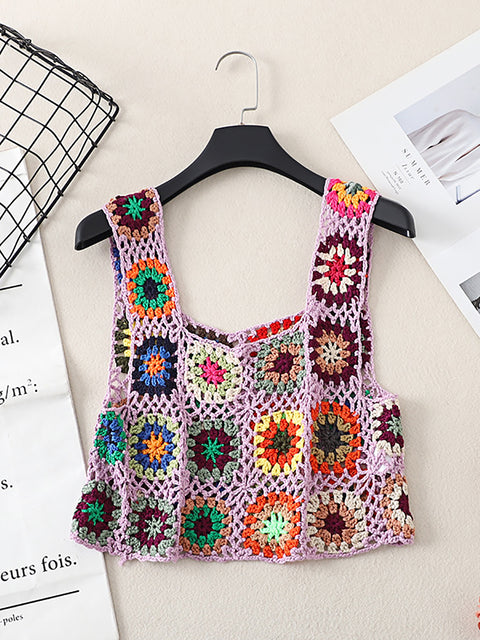 Women Artsy Summer Flower Handmade Knitted Vest