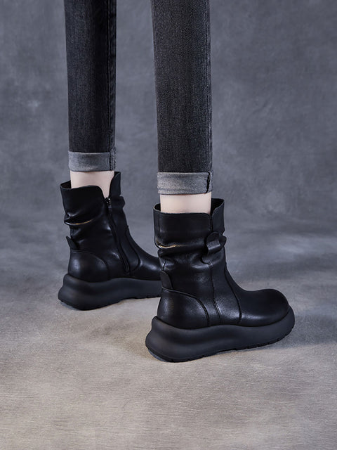 Women Winter Genuine Leather Spliced Low Heel Boots