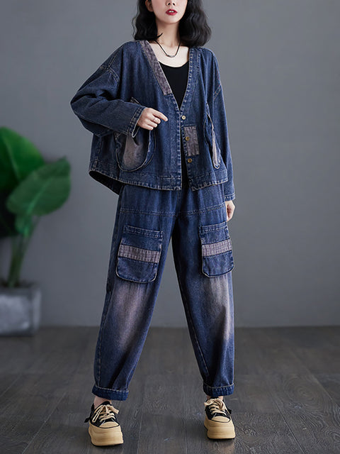 Women Casual Spring Spliced Washed Denim Pants