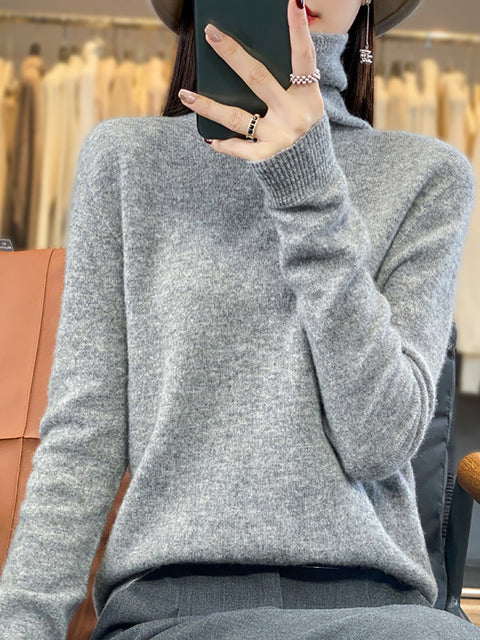 Women Autumn Turtleneck 100%Wool Soft Solid Sweater