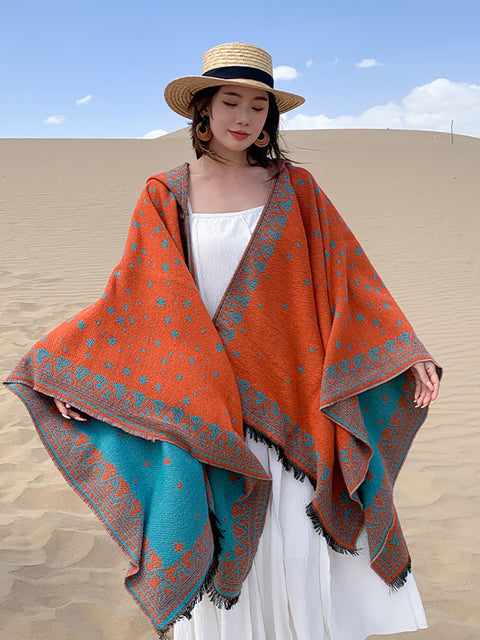 Women Ethnic Star Print Hooded Scarf Shawl