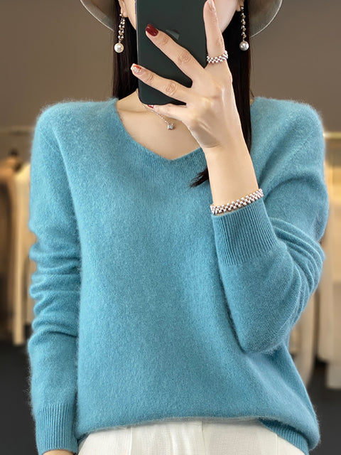 Women Autumn Pure Color V-Neck Knit Sweater