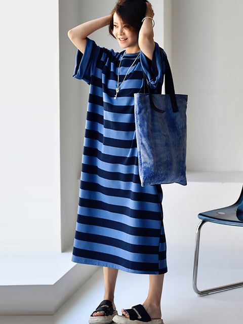 Plus Size Women Casual Stripe Loose Maxi Dress