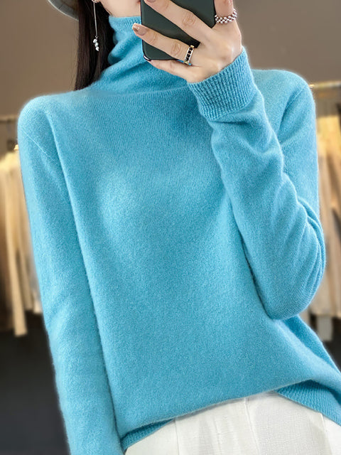 Women Autumn Turtleneck 100%Wool Soft Solid Sweater