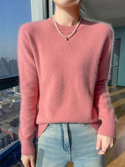 Women Autumn Casual O-Neck Soft 100%Wool Sweater