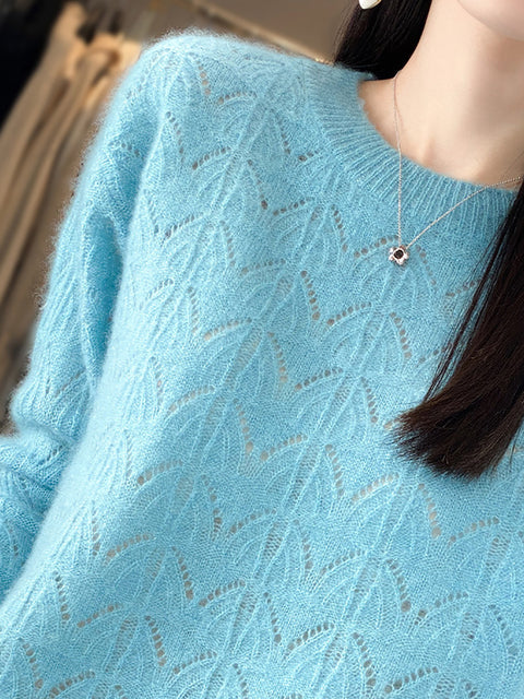 Women Autumn O-Neck Wool Hollow Out Knit Sweater