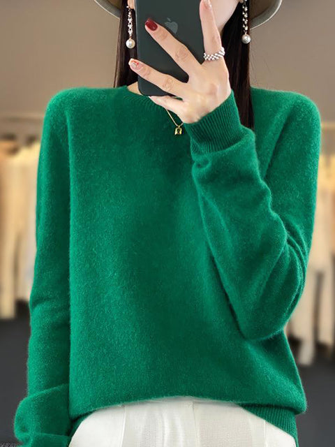 Women Autumn Solid Knit 100%Wool O-Neck Sweater