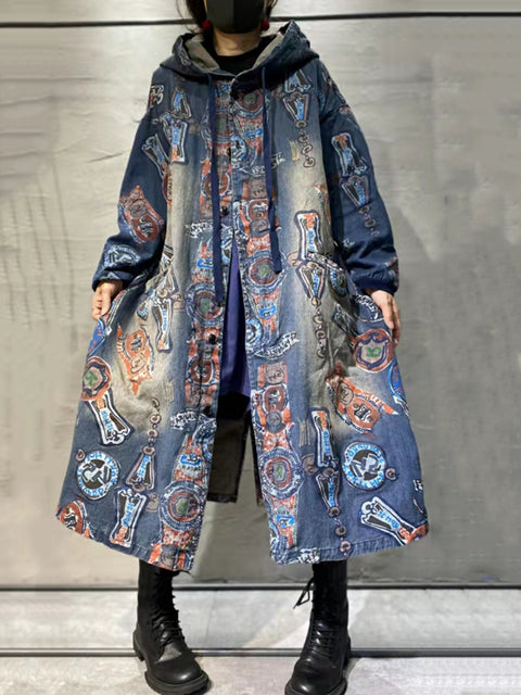 Women Autumn Vintage Flower Hooded Denim Long Coat