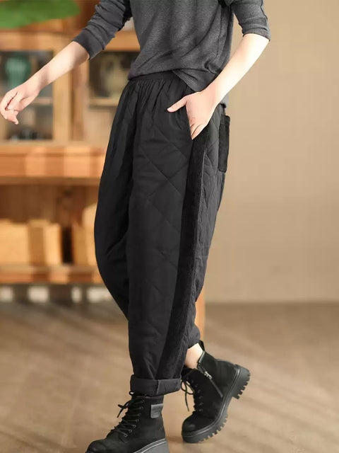 Women Autumn Vintage Colorblock Rhomboid Padded Harem Pants