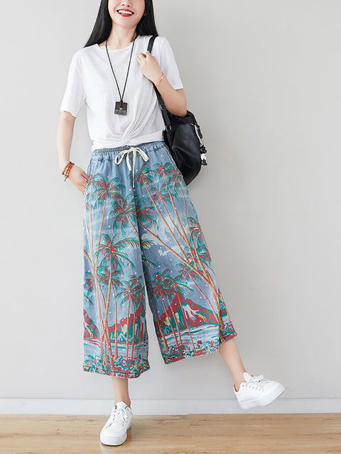 Women Summer Artsy Print Pocket Wide-leg Denim Pants