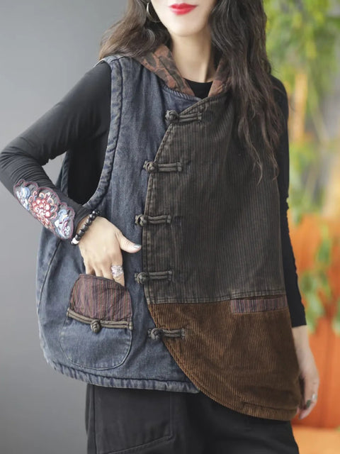 Women Autumn Retro Spliced Corduroy Hooded Vest Coat