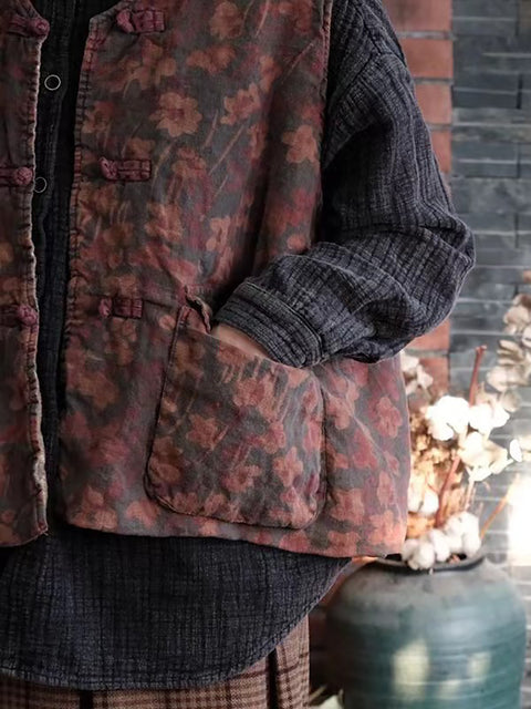 Women Retro Flower Pocket Linen Button Vest Coat