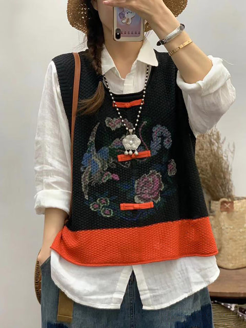 Women Retro Flower Print Colorblock Vest