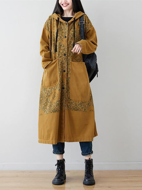 Women Artsy Flower Spliced Long Denim Hooded Coat