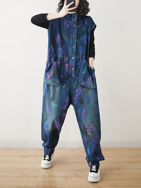 Women Artsy Print Spring Denim Jumpsuits