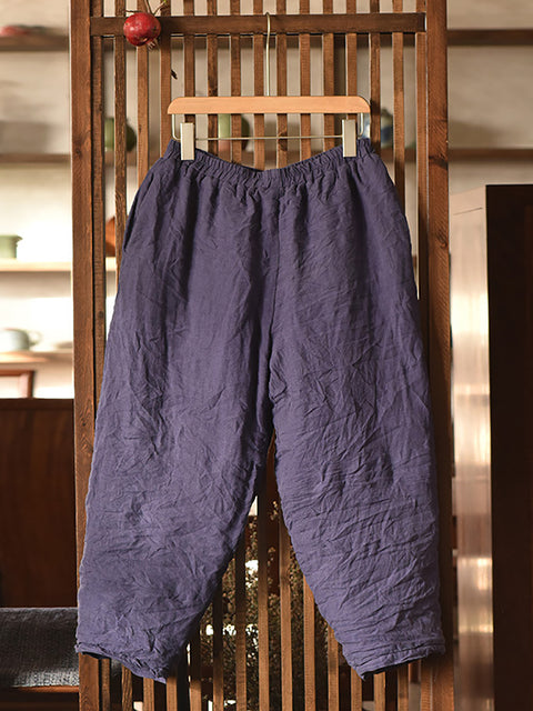 Women Vintage Solid Linen Padded Harem Pants