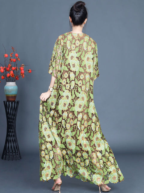 Women Artsy Summer Flower Lace Dual-layer Maxi Dress