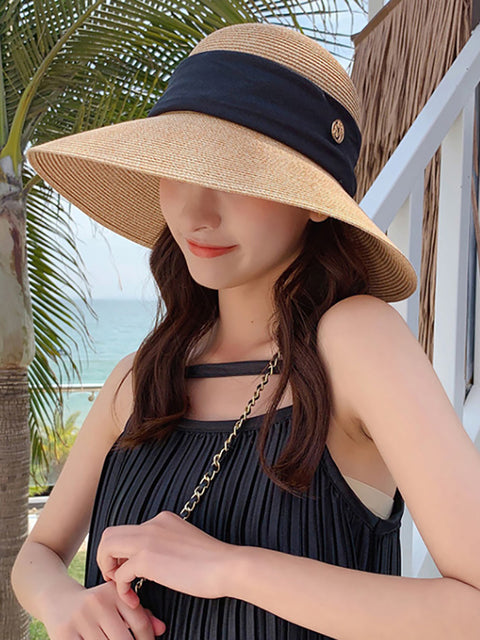 Women Summer Straw Colorblock Sunproof Travel Hat